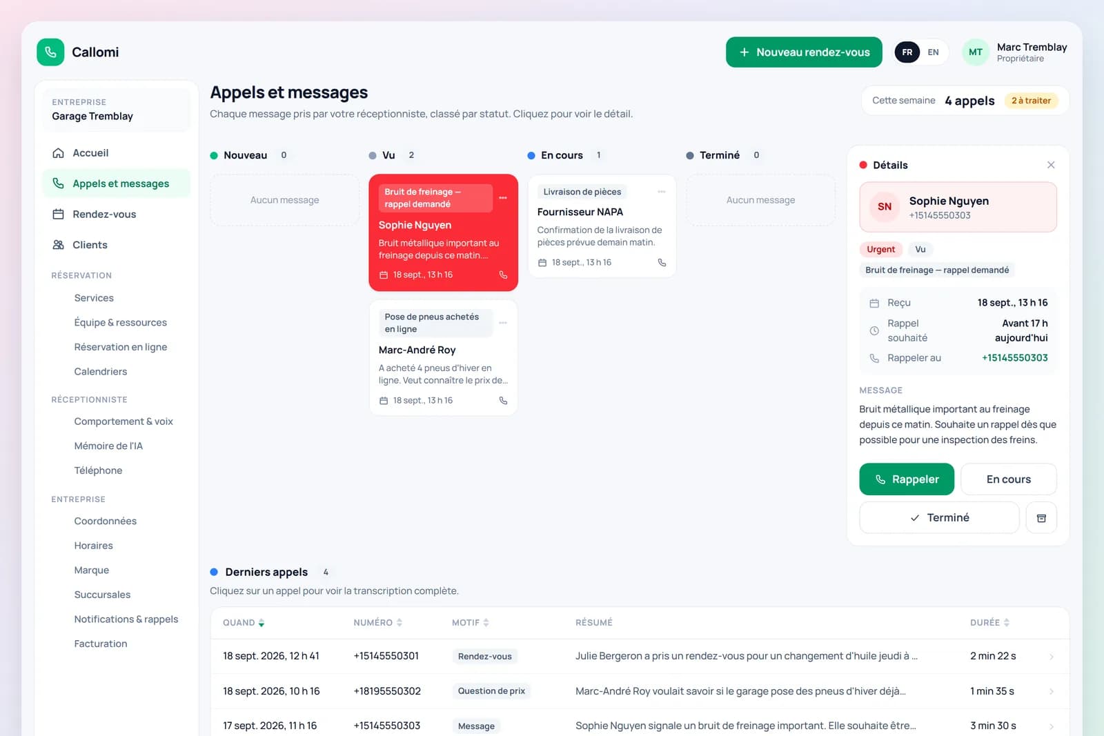 Calls and messages: cards by status with the details panel