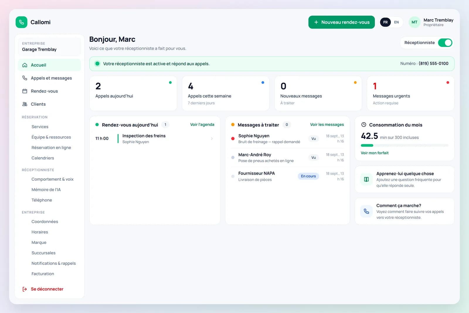 Callomi portal: dashboard with today's calls, appointments and messages