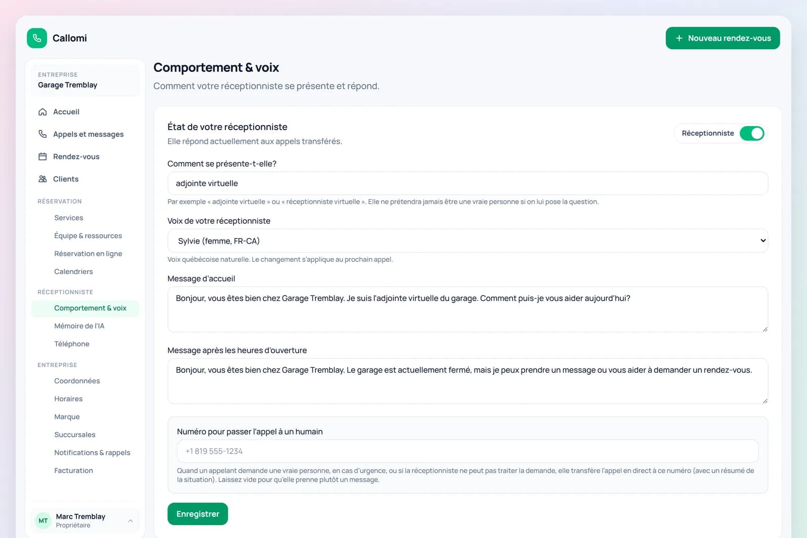 Receptionist behaviour and voice settings