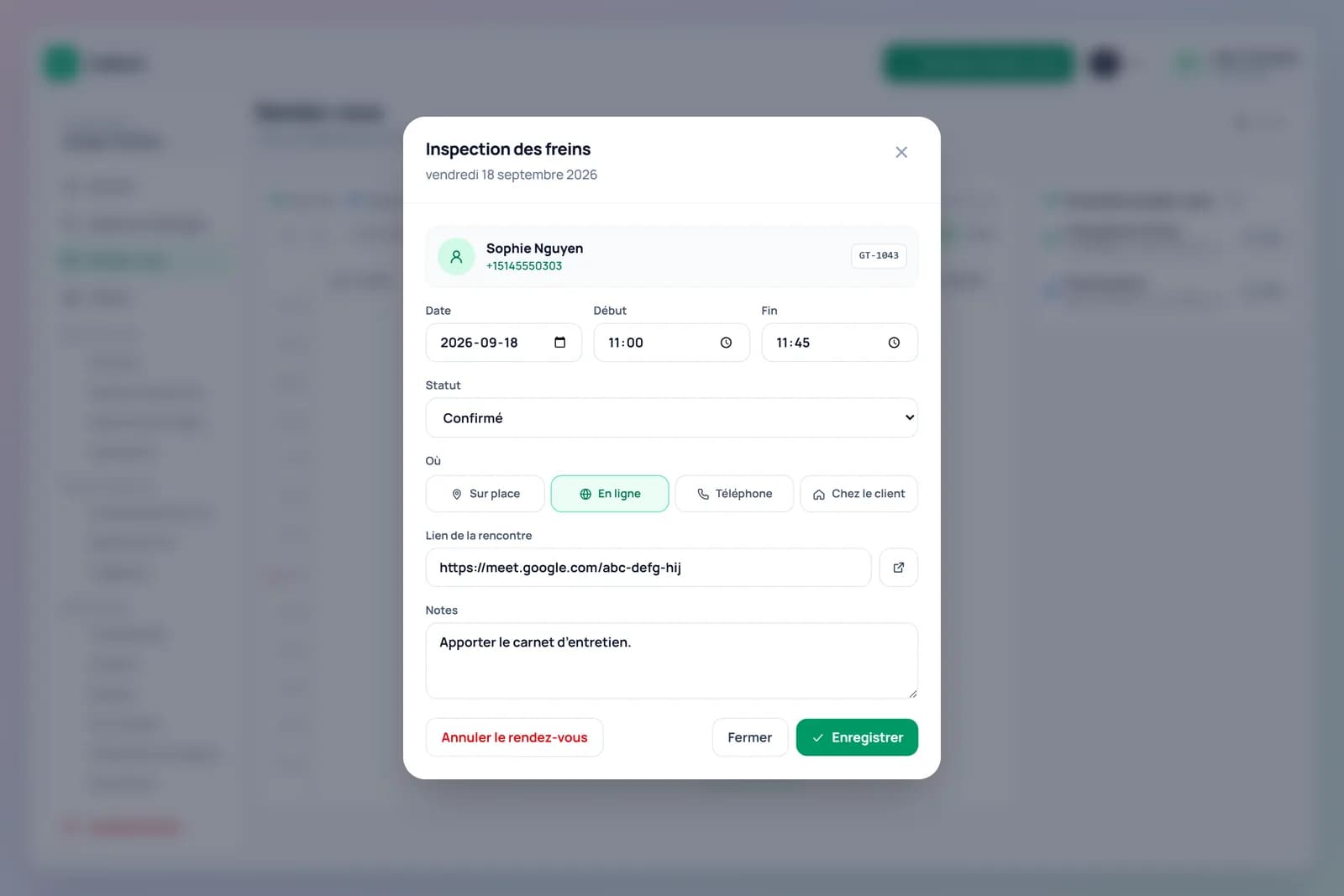 Appointment card: time, status, where, notes