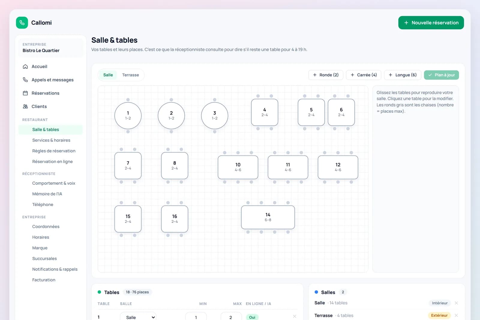 Plan de salle Callomi avec les tables et leurs places